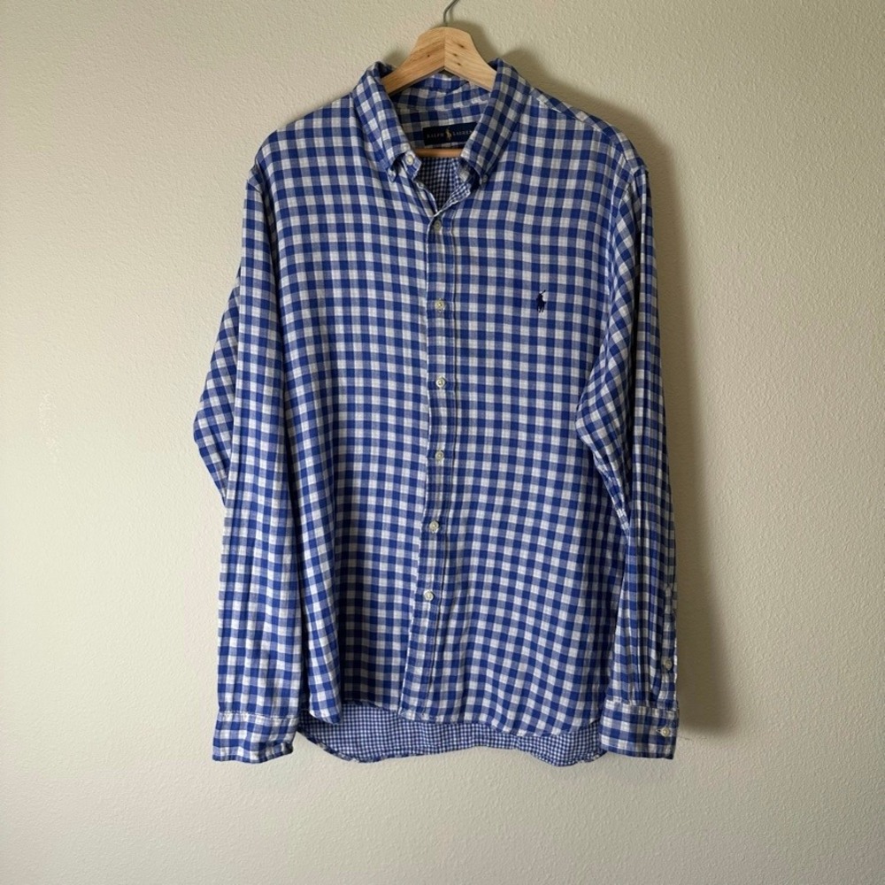 Ralph Lauren Mens XL Blue White Gingham Cotton Button Down Shirt‎ Long Sleeve
